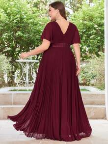 Elegantes V-ausschnitt Kleid Große Größen Mit Plissierter Taille Und Langem Ausgestelltem Chiffon Für Die Mutter Der Braut - Bordeaux - Übersicht 2