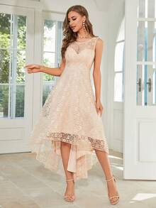 Women's Summer Lace See-Through Front Short Back Long Sleeveless Cocktail Dress