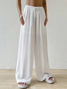 SHEIN EZwear Pantalones largos de mujer de unicolor con nudo a la cintura