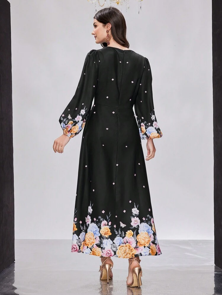 Women's Arab Style Belted Lantern Sleeve Floral Print Dress