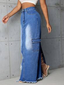 SHEIN SXY 女士磨邊牛仔裙,破洞和劃痕設計 - 藍色 - 查看 4