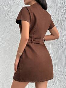 EURMUSE Solid Color Front Button Denim Dress - Brown - View 2