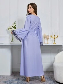 Al Najma Váy Ả Rập cổ tròn in hoa cho nữ, Jalabiya dài kín đáo, Váy dài tay thường ngày - Màu tím - Xem 2