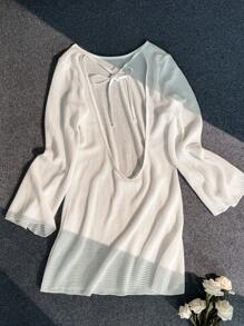 SHEIN Swim 夏季沙灘純色擴口袖綁帶透視泳裝遮罩衣 - 白色 - 查看 4