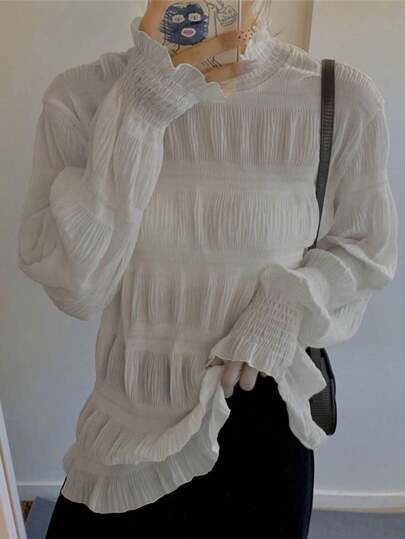 Women Solid Color Lace Trim Casual Beach/Resort Style Blouse,Long Sleeve Tops