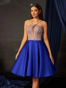 Smilprince Charming A-Line Evening Dress With Sequin Bodice, Sleeveless Homecoming Prom Dress Elegant Semi Formal Wedding Guest Dress, For Birthday, Graduation