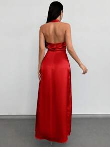 RueChic Solid Halter Neck Backless Satin Maxi Dress - Burgundy - View 2