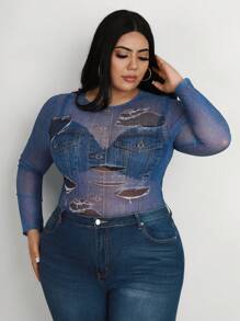 SHEIN CURVE+ 大码牛仔效果图案长袖上衣 - 彩色 - 查看 5