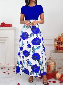 SHEIN Clasi Vestido de mujer largo de talle imperio con estampado de flores y bloques de color - azul real - Ver 5