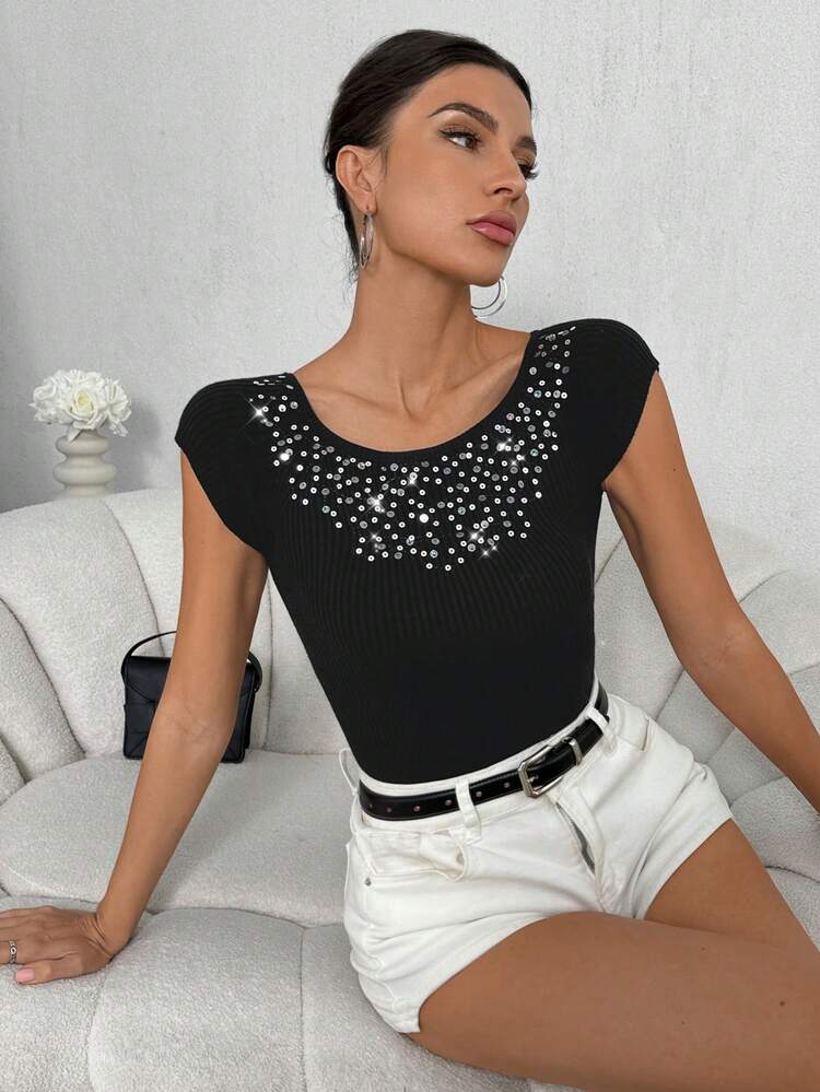 Glitter Round Neck Ribbed Knit Top