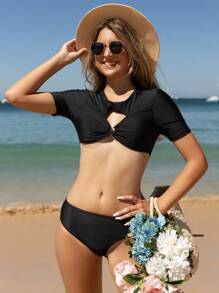 Teen Girl Ruched And Hollow Out Chest Bikini Set Summer Beach - Black - View 7