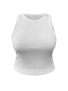 INAWLY 大尺碼女士肋紋修身短款背心 - 白色 - 查看 3