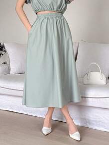 DAZY 女士短款泡泡袖圆领衬衫和裙子套装，女士两件套 - 藍色 - 查看 7