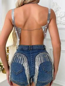 Top de tirantes con escote en pico, espalda descubierta y detalles de cadenas con lentejuelas brillantes para mujer - Plateado - Ver 2