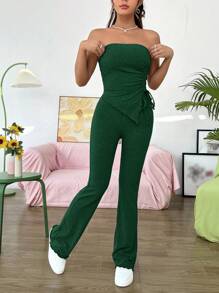 SHEIN Qutie Women's Solid Color Drawstring Asymmetrical Hem Bandeau Top And Bell Bottoms Two Pieces Set
