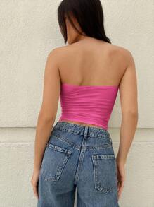 SHEIN Essnce Top Sin Tirantes De Color Sólido Con Doblez Plisado, Dobladillo Asimétrico Y Ajuste Delgado - Rosa Fucsia - Ver 2