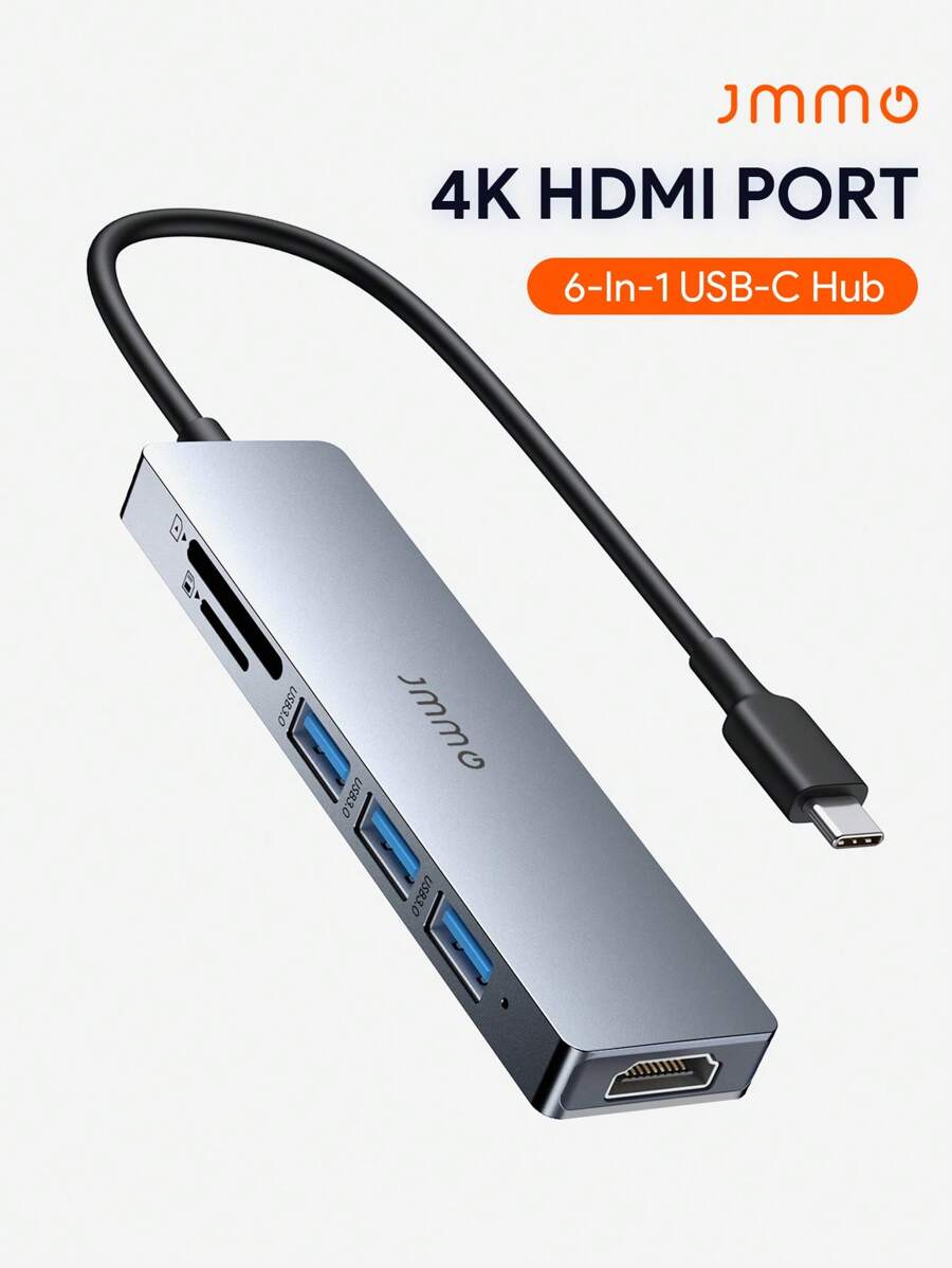 JMMO USB 集线器，USB C 集线器，6 合 1 USB C 集线器 3 个 USB 3.0 端口，Micro SD/SD 读卡器，4K@30Hz HDMI 兼容端口，适用于大多数 Type-C 设备 USB3.0 圣诞礼物，秋冬季假期露营必备品，度假配件，露营用品 - 銀色 - 查看 1