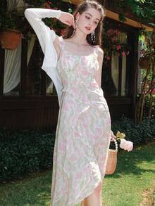 Ladies" Fashionable French Tulip Printed Sleeveless Sundress - Multicolor - View 7
