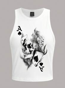 SHEIN EZwear Top ajustado de mujer de estilo casual con estampado de espiga negra y cuello redondo, contiene algodón, adecuado para el verano