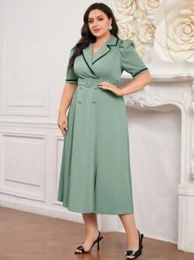 Modelyn Plus Size Color-Blocked Puff Sleeves Shirt Dress With Waist Tie - Green - View 3