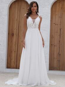 女士亮片雪纺细肩带婚纱白色优雅新娘礼服 - 白色 - 查看 4