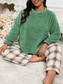 Women's Plus Size Christmas Green Flannelette Long Sleeve Round Neck Pajama Set Casual Pant Sleepwear Non-Stretch Fabric Loungewear