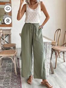 SHEIN Frenchy 纯色无袖圆领休闲背心和棉质阔腿裤，钩针假日背心搭配棉质前系带裤，两件套西装，春季服装，钩针罩衫，夏季棉质裤子，装饰前系带，杏色上衣搭配绿色裤子，背心套装，适合假日外出和日常休闲穿着 - 杏色 - 查看 2