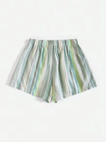 SHEIN VCAY Women's Elastic Waist Striped Shorts - Green - View 2