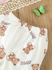 SHEIN 嬰兒女孩字母和小熊印花露肩袖上衣及褲子套裝 - 白色 - 查看 3