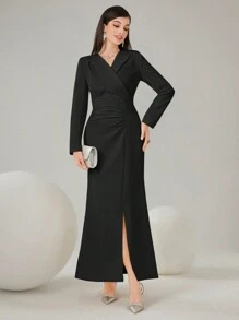 Modelyn High-Collar Waist-Cinching Fish-Tail Dress With Front Split Long Evening Dresses - Black - View 6