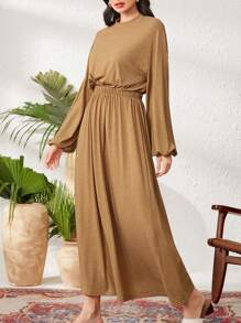 Seusyu Vestido De Cintura Estilo Árabe De Manga Farol Para Mujer - Marrón - Ver 5