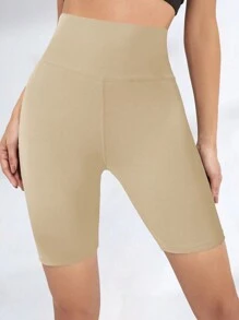 Easithlete Solid Color High Waist Slim Fit Athletic Shorts - Khaki - View 2