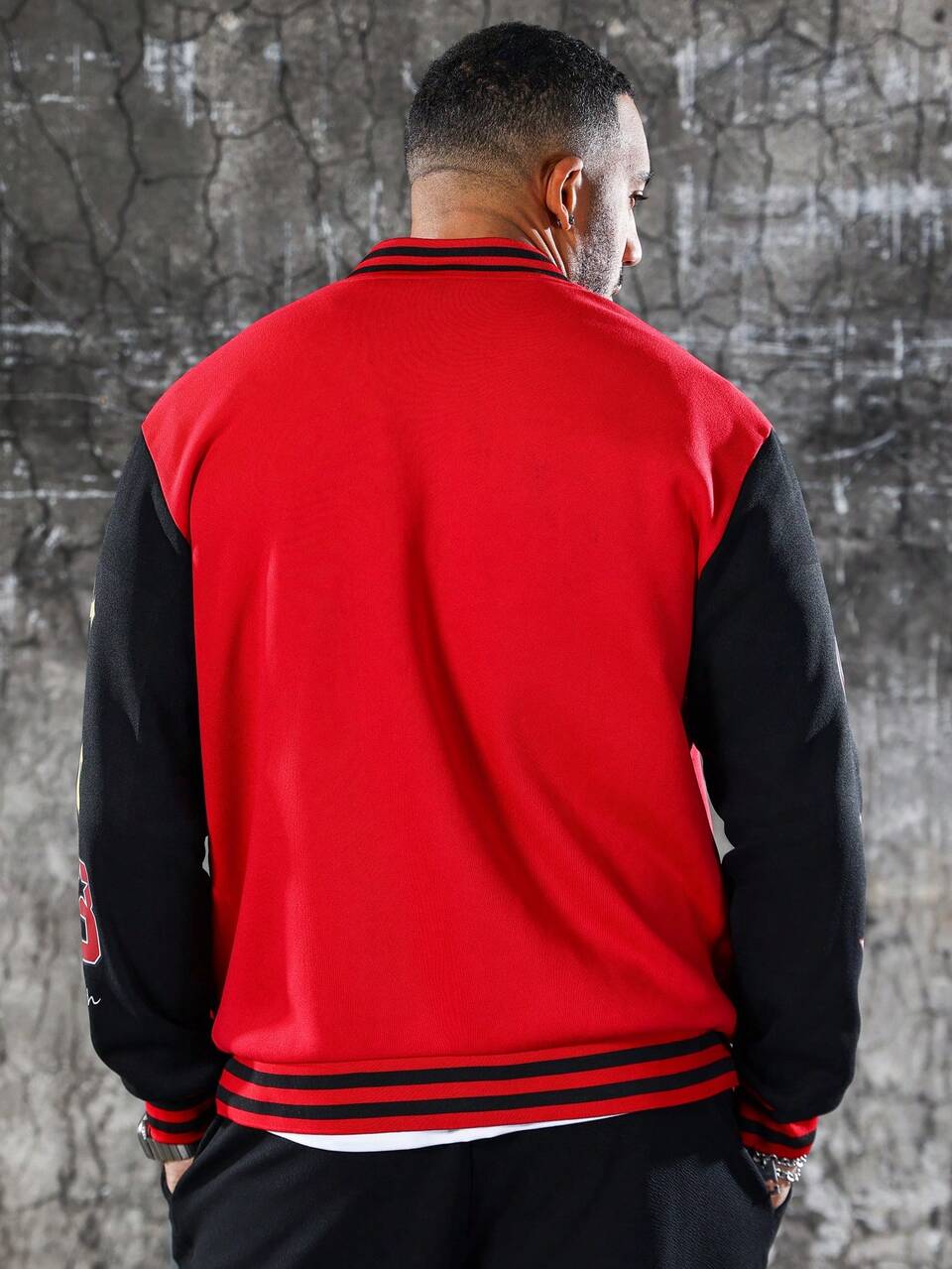 Men's Plus Size Color-Blocking Letter & Emoji Print Baseball Jacket