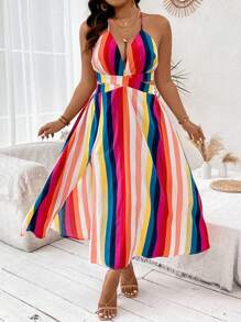 SHEIN Clasi Plus Size Rainbow Striped High Slit Halter Backless Dress With Tied Straps - Multicolor - View 5