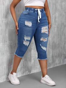 SHEIN SXY Distressed Denim Skinny Hose Mit Hoher Elastizität Und Elastischem Bund Für Damen In Übergröße - Mittele Waschung - Übersicht 5