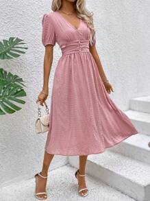 Breezaya Đầm Maxi Cổ Chữ V Màu Trơn Thắt Eo Thường Ngày Trang Phục Đi Biển Kỳ Nghỉ Cho Nữ - Bụi hồng - Xem 1