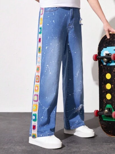 SHEIN 少年經典個性印花寬鬆舒適直筒牛仔褲