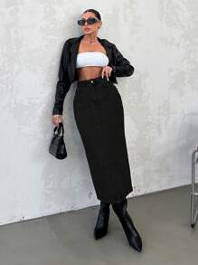EURMUSE Women's Solid Color Straight Denim Skirt With Slanted Pockets - Black - View 7