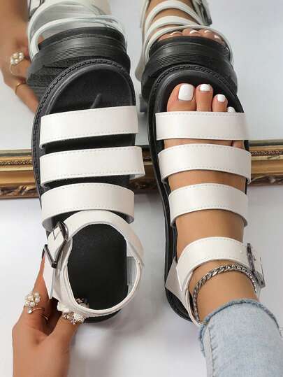 Sandalias Cómodas De Plataforma Y Planas Antideslizantes Para Mujeres, Con Hebilla Y Punta Abierta, Para El Verano. Incluye 1 Par De Sandalias Planas Negras, 1 Par De Sandalias Romanas, 1 Par De Sandalias Antideslizantes De Color Sólido Y 1 Par De Sandalias De Plataforma