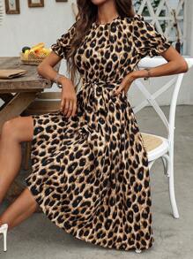 SHEIN LUNE 豹纹收腰休闲连衣裙长款女装 - 彩色 - 查看 1