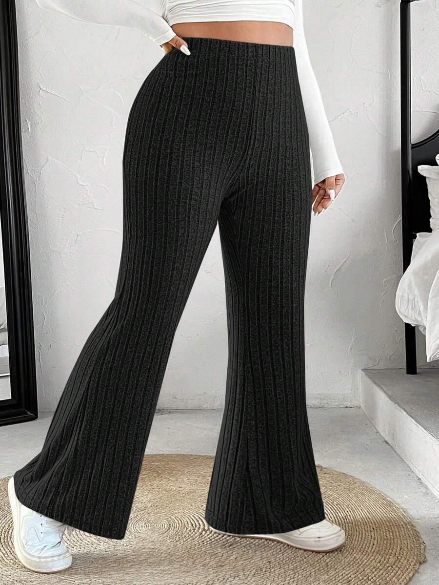 SHEIN EZwear 女士加大碼純色裙擺喇叭褲,配有裂縫 - 黑色 - 查看 1