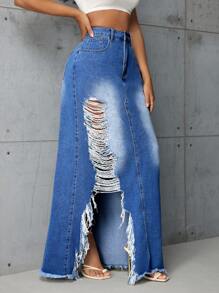 SHEIN SXY 女士磨邊牛仔裙,破洞和劃痕設計 - 藍色 - 查看 3