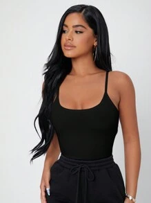 SHEIN PETITE 純色修身吊帶夏季背心上衣 - 黑色 - 查看 3