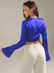 Anewsta Áo crop top tay loe họa tiết hoa màu tím dành cho nữ - Màu tím  Violet - Xem 2