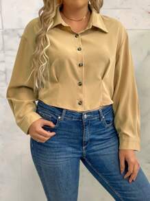 Calvaya Plus Size Solid Color Long Sleeve Button-down Shirt - Khaki - View 3