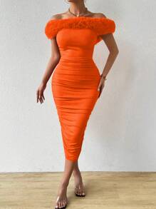 Chiquease 女士修身短袖露肩連衣裙,襯衫細節和對比色塊 - 橘色 - 查看 5