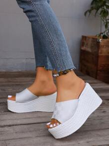 Women's Jacquard Simple And Fashionable Wedge Slippers - White - View 7