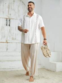 Manfinity VCAY Men's Plus Size Loose Fit Long Pants Baggy Drawstring Slacks Linen Cool Plain Khaki Going Out - Apricot - View 3