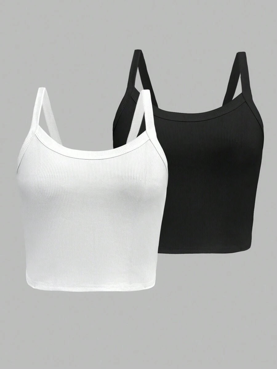 Chiquease 純色針織肋條短款背心上衣2入/套 - 黑與白 - 查看 1