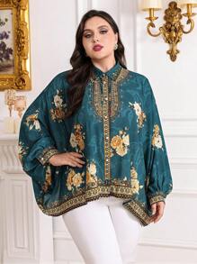 Mulvari Plus Size Floral Print Button Front Batwing Sleeve Shirt
